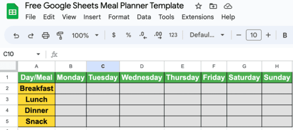 meal planner template google sheets free